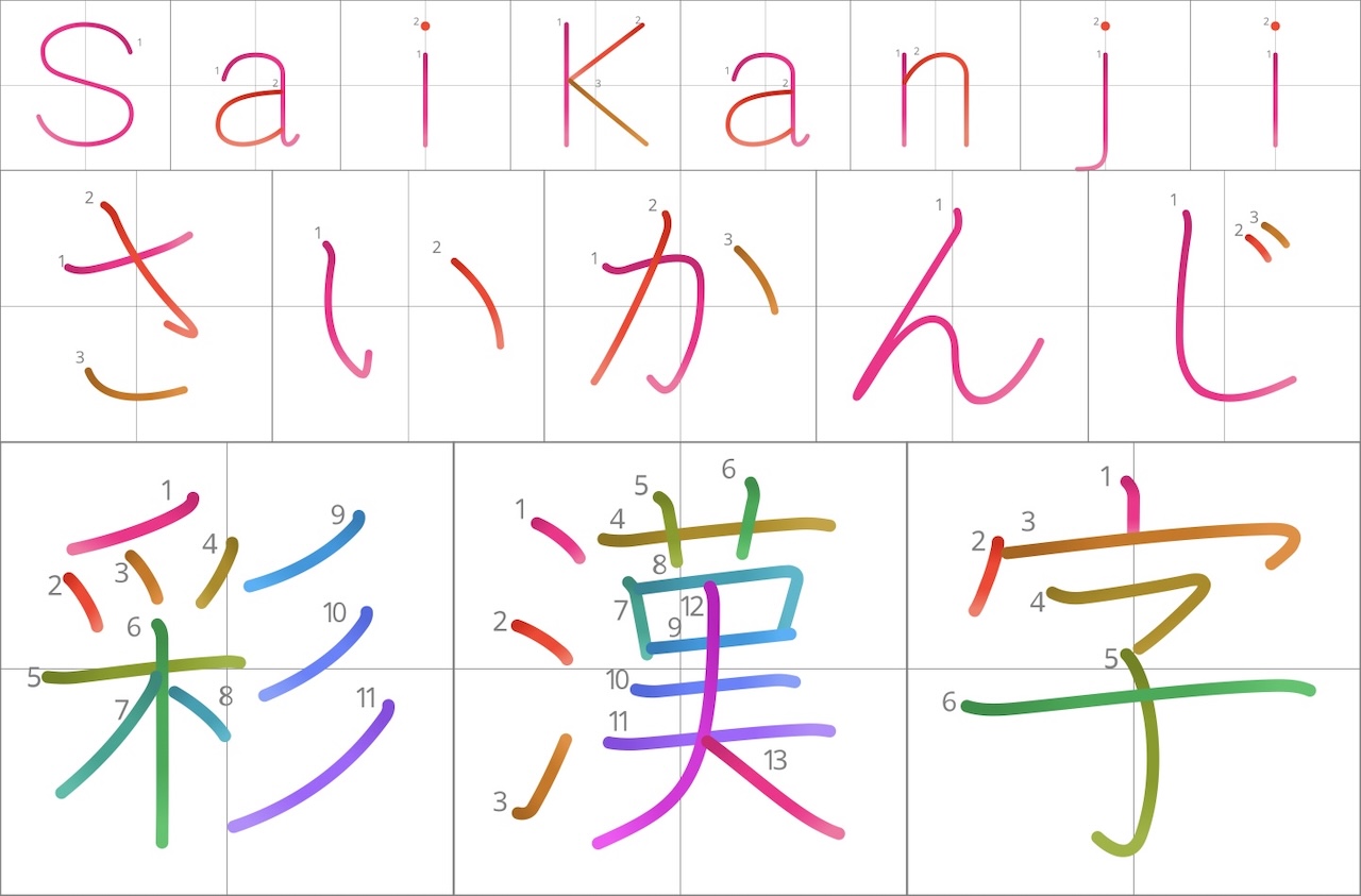 SaiKanji preview showing color kanji stroke order